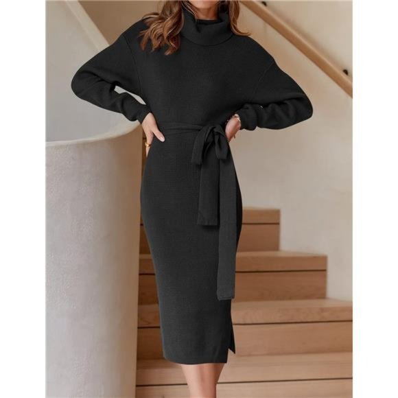 Women's Turtleneck Sweater Midi Dress Long Sleeve Ribbed Knit Bodycon Slit Dress - Picture 2 of 6